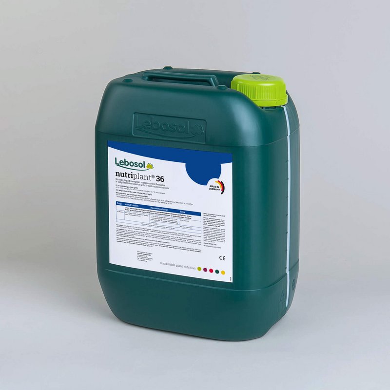 Picture of a darkgreen canister with a lightgreen lid and the label of our product Lebosol®-nutriplant® 36