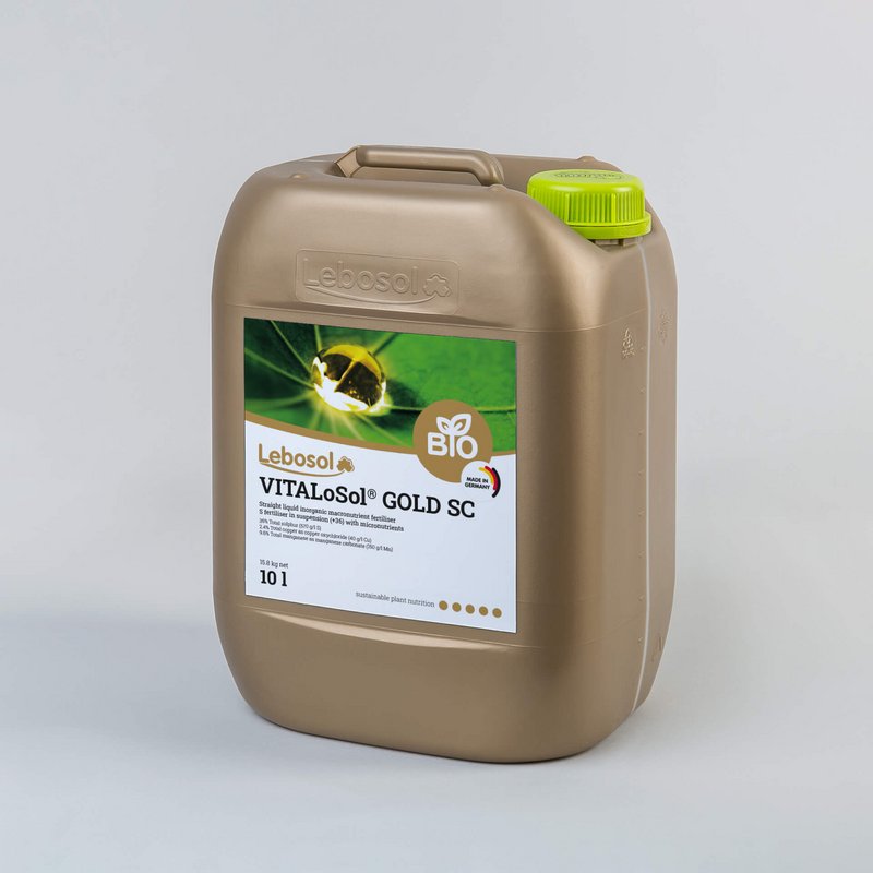 Picture of a gold canister with a lightgreen lid and the label of our product Lebosol®-VITALoSol GOLD SC