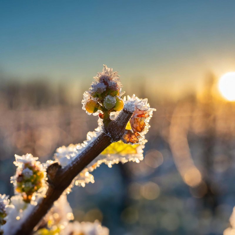 Weinrebenknospe mit leichtem Frost in der Morgensonne.