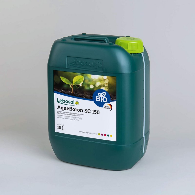 Picture of a darkgreen canister with a lightgreen lid and the label of our product Lebosol®-AqueBoron SC 150
