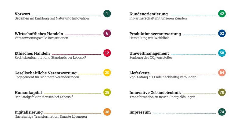 Auflistung der Kapitel des Nachhaltigkeitsberichts 2024 der Lebosol® Dünger GmbH