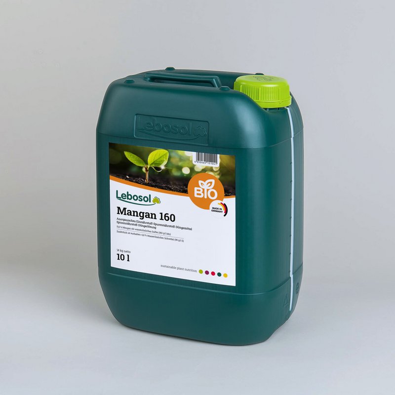 Gr&uuml;ner Kanister mit hellgr&uuml;nem Deckel und Lebosol&reg;-Mangan 160 Etikett vor grau-wei&szlig;em Hintergrund
