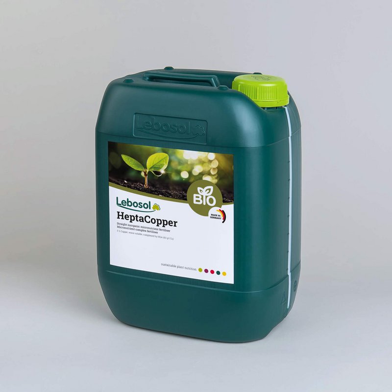 Picture of a darkgreen canister with a lightgreen lid and the label of our product Lebosol®-HeptaKupfer