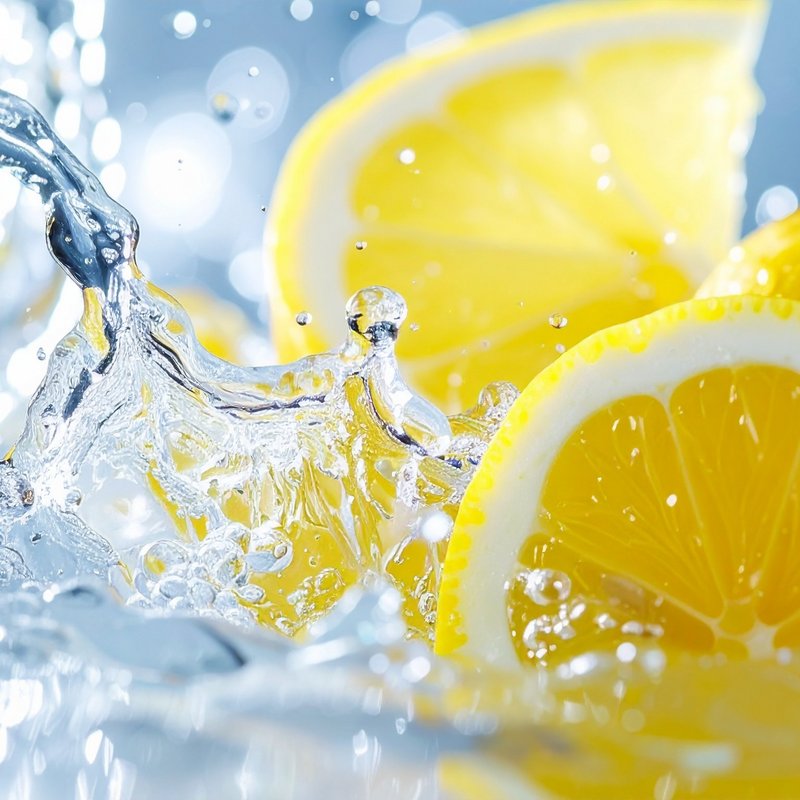 Gelbe Zitronenscheiben die in klares Wasser fallen.