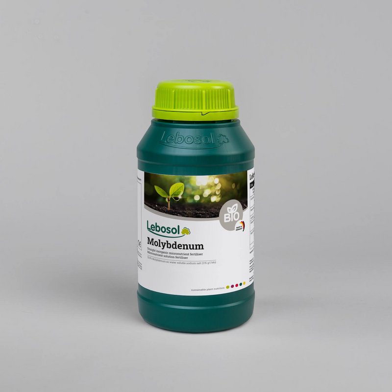 Picture of a darkgreen canister with a lightgreen lid and the label of our product Lebosol®-Molybdän