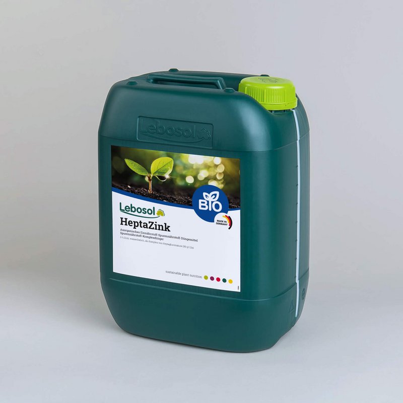 Foto eines dunkelgrünen Kanisters mit hellgrünem Deckel und dem Etikett von dem Produkt Lebosol®-HeptaZink
