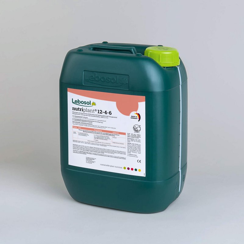 Foto eines dunkelgrünen Kanisters mit hellgrünem Deckel und dem Etikett von dem Produkt Lebosol®-nutriplant® 12-4-6