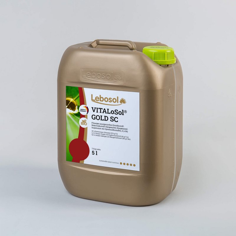 Foto eines goldfarbenem Kanisters mit hellgrünem Deckel und dem Etikett von dem Produkt Lebosol®-VITALoSol GOLD SC