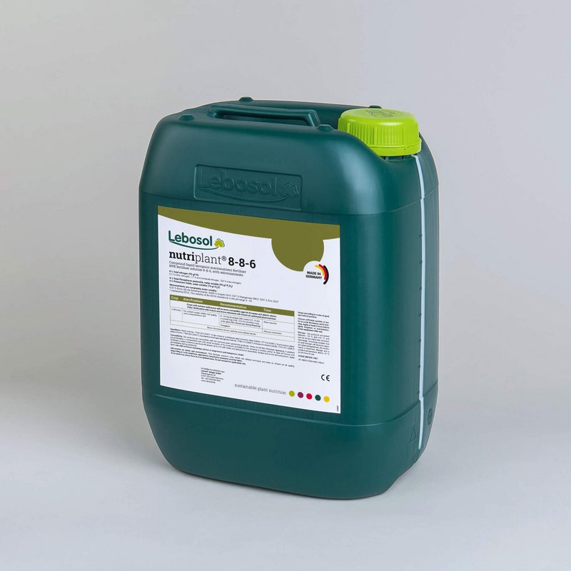 Picture of a darkgreen canister with a lightgreen lid and the label of our product Lebosol®-nutriplant® 8-8-6