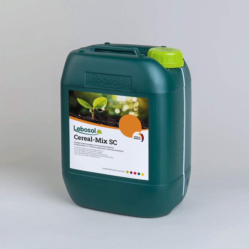 Picture of a darkgreen canister with a lightgreen lid and the label of our product Lebosol®-GetreideMix SC