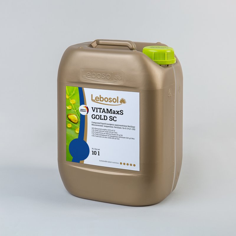 Golden canister with green lid and VITAMaxS GOLD SC label in front of white background.
