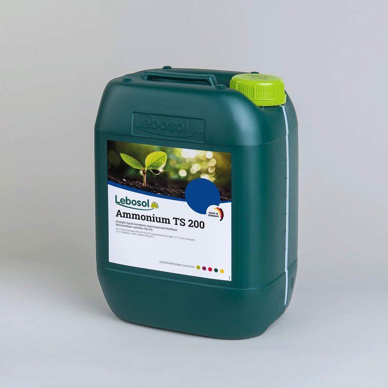 Picture of a darkgreen canister with a lightgreen lid and the label of our product Lebosol®-Ammonium-TS 200