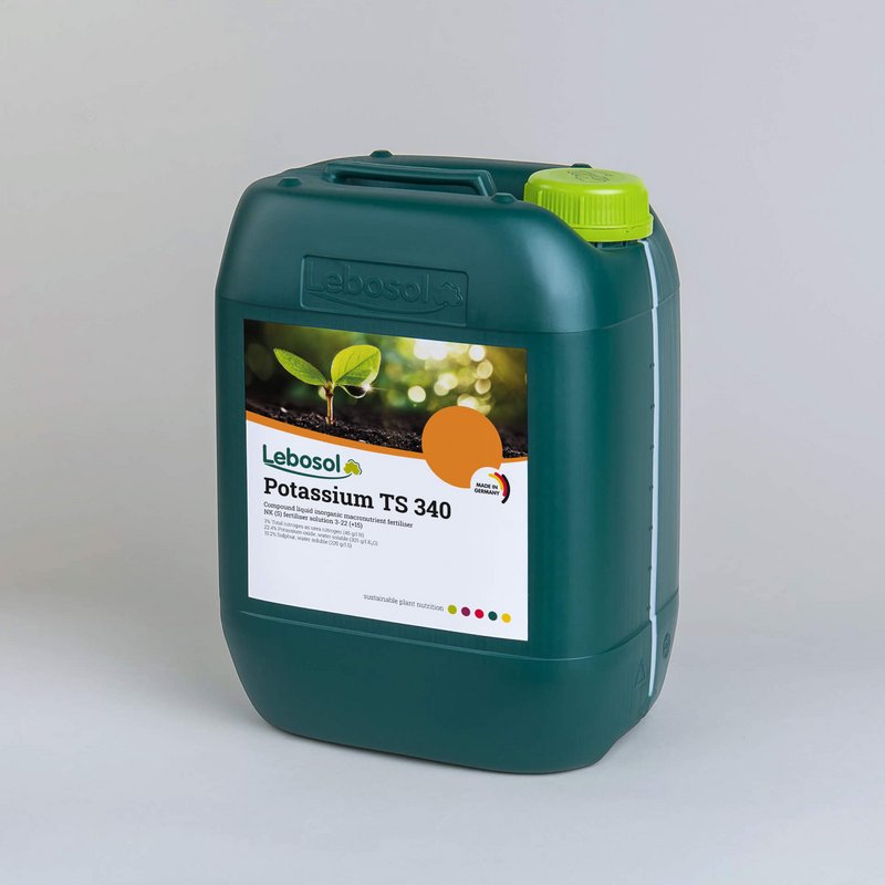 Picture of a darkgreen canister with a lightgreen lid and the label of our product Lebosol®-Kalium TS 340