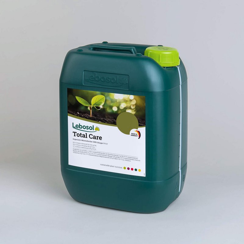 Foto eines dunkelgrünen Kanisters mit hellgrünem Deckel und dem Etikett von dem Produkt Lebosol®-Total Care