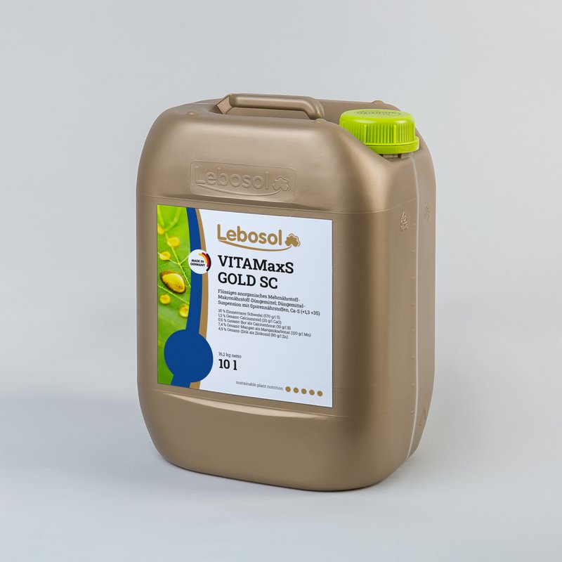 Goldener Kanister mit VITAMaxS GOLD SC Etikett vor weißem Hintergrund mit grünem Deckel.