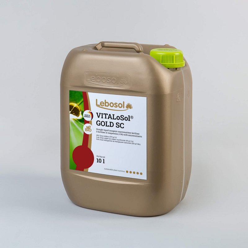 Picture of a gold canister with a lightgreen lid and the label of our product Lebosol®-VITALoSol GOLD SC
