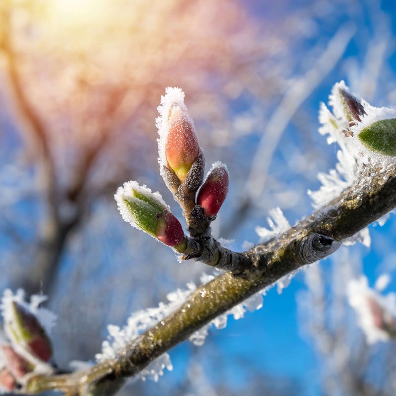 Eine Obstbaumblüte mit Frost bedeckt im Sonnenschein.
