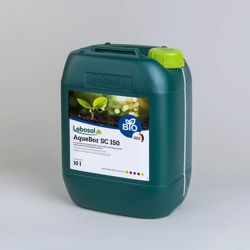 Foto eines dunkelgrünen Kanisters mit hellgrünem Deckel und dem Etikett von dem Produkt Lebosol®-Aquebor SC 150