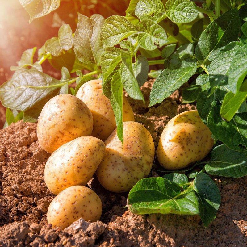 Kartoffelpflanze und bereits geerntete Kartoffeln