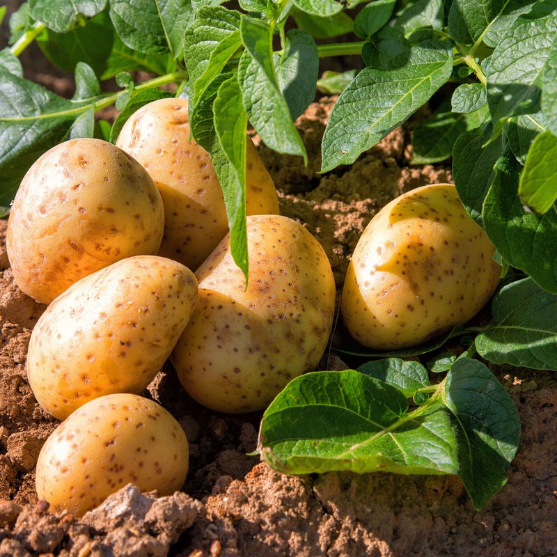 Kartoffelpflanze und bereits geerntete Kartoffeln