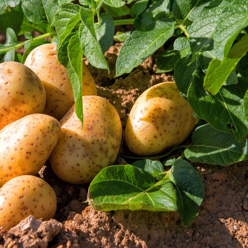 Kartoffelpflanze und bereits geerntete Kartoffeln