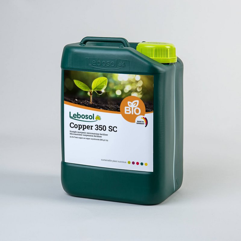 Picture of a darkgreen canister with a lightgreen lid and the label of our product Lebosol®-Kupfer 350 SC