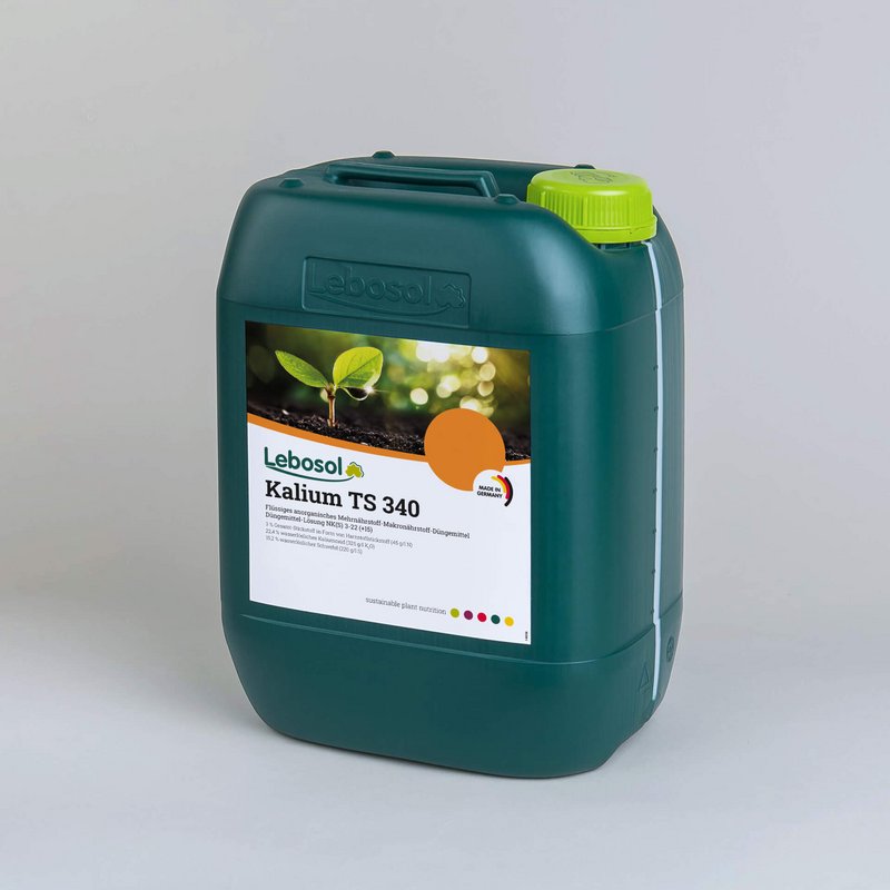 Foto eines dunkelgrünen Kanisters mit hellgrünem Deckel und dem Etikett von dem Produkt Lebosol®-Kalium TS 340