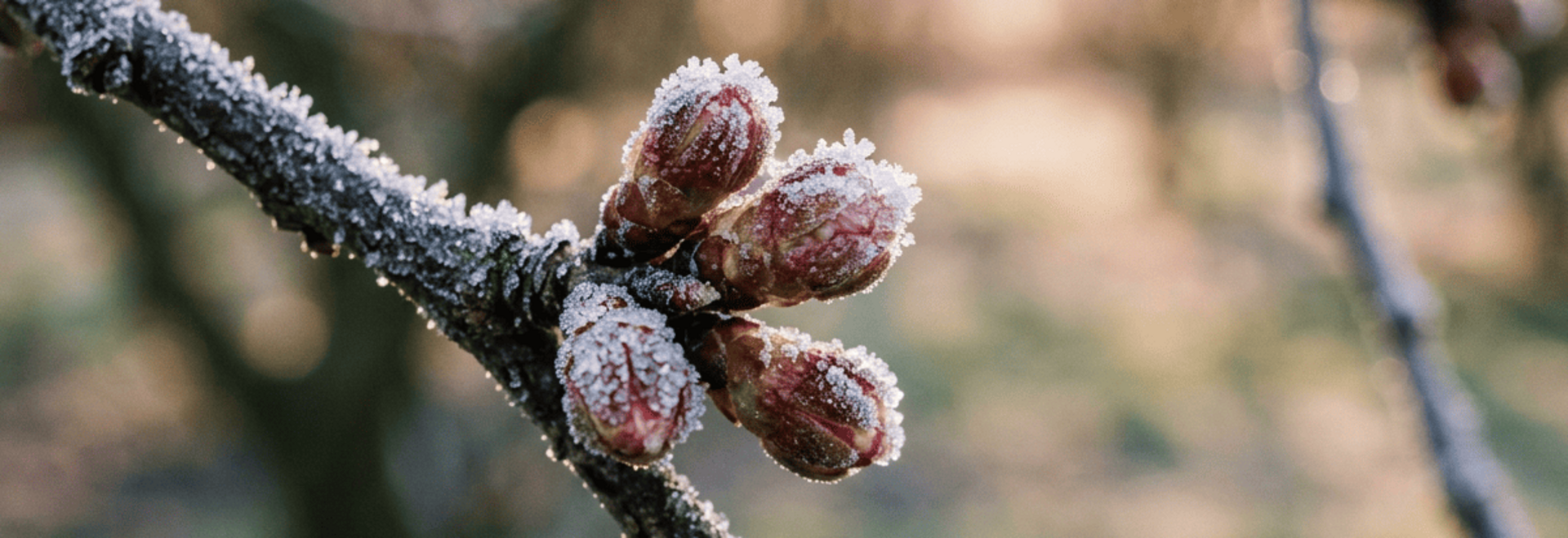 Kleine Kirschknospen mit leichtem Frost an einem Ast mit Sonnenaufgang im Hintergrund.