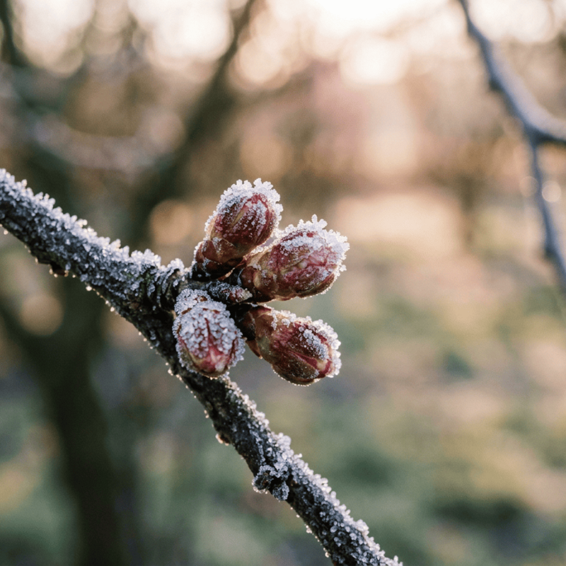 Kleine Kirschknospen mit leichtem Frost an einem Ast mit Sonnenaufgang im Hintergrund.