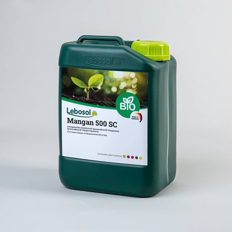 Foto eines dunkelgrünen Kanisters mit hellgrünem Deckel und dem Etikett von dem Produkt Lebosol®-Mangan 500