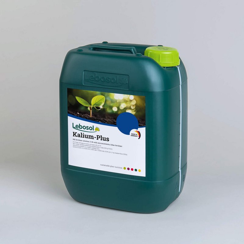 Picture of a darkgreen canister with a lightgreen lid and the label of our product Lebosol&reg;-Kalium-Plus