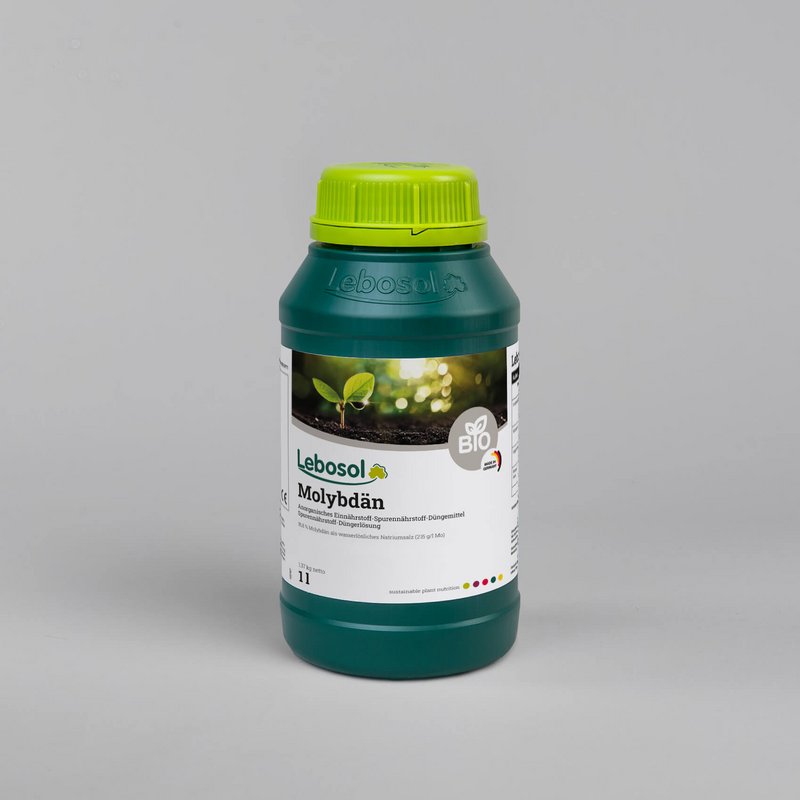 Foto eines dunkelgrünen Kanisters mit hellgrünem Deckel und dem Etikett von dem Produkt Lebosol®-Molybdän