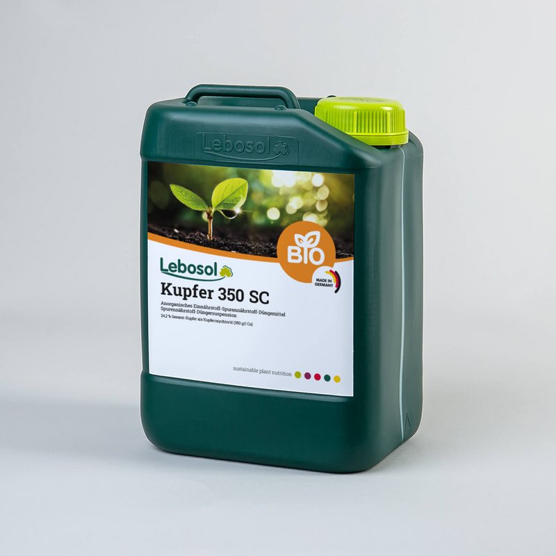 Foto eines dunkelgrünen Kanisters mit hellgrünem Deckel und dem Etikett von dem Produkt Lebosol®-Kupfer 350 SC