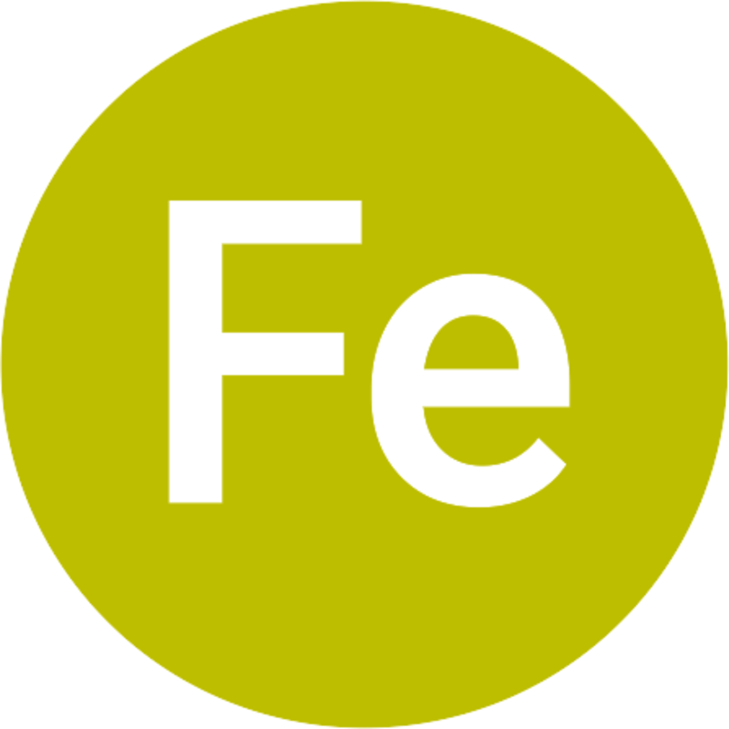 Hellgrüner Kreis mit dem periodischen Zeichen Fe für Eisen