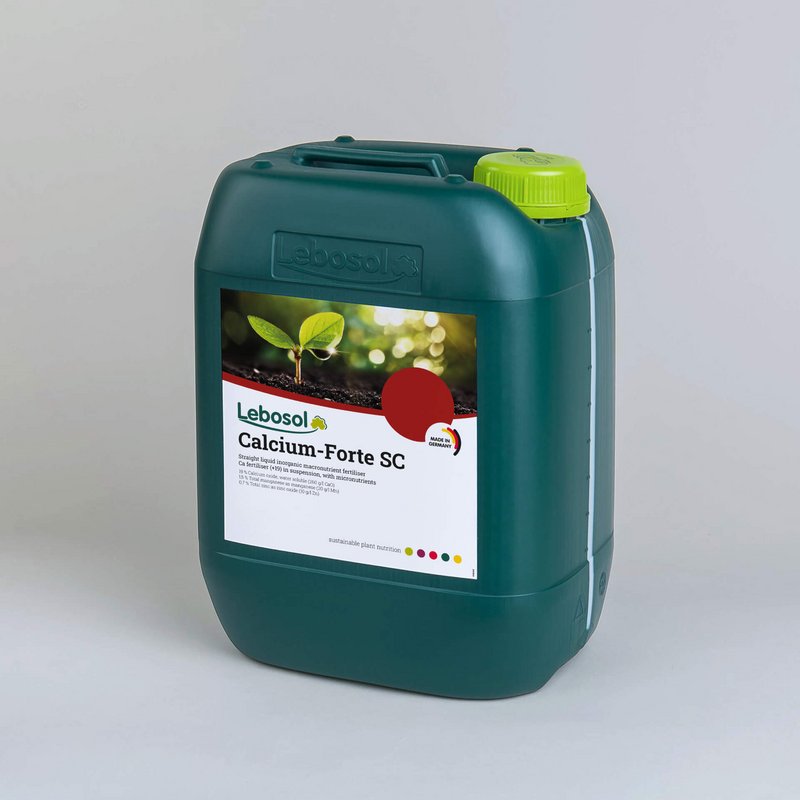 Picture of a darkgreen canister with a lightgreen lid and the label of our product Lebosol®-Calcium Forte SC