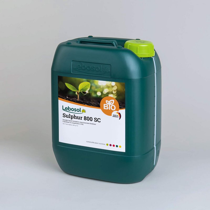 Picture of a darkgreen canister with a lightgreen lid and the label of our product Lebosol®-Schwefel 800 SC