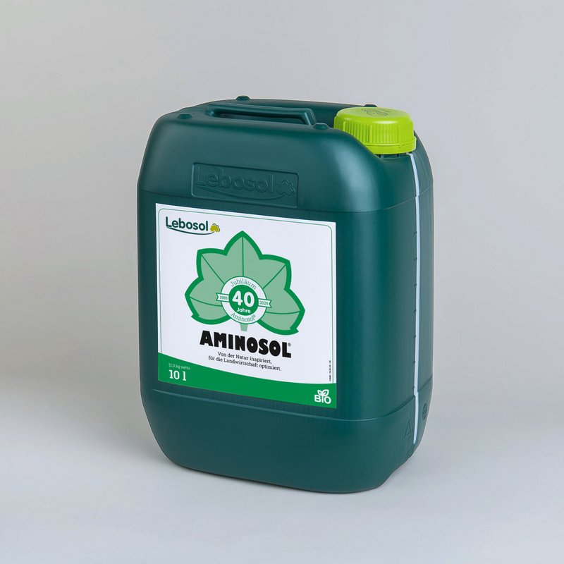 Dunkelgrüner Kanister mit hellgrünem Deckel und Retro Aminosol® Etikett.