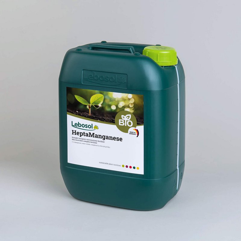 Picture of a darkgreen canister with a lightgreen lid and the label of our product Lebosol®-HeptaMangan