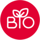 Wei&szlig;e Schrift mit "Bio" auf rotem Hintergrund in einem Kreis.