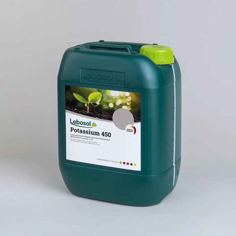 Picture of a darkgreen canister with a lightgreen lid and the label of our product Lebosol®-Kalium 450