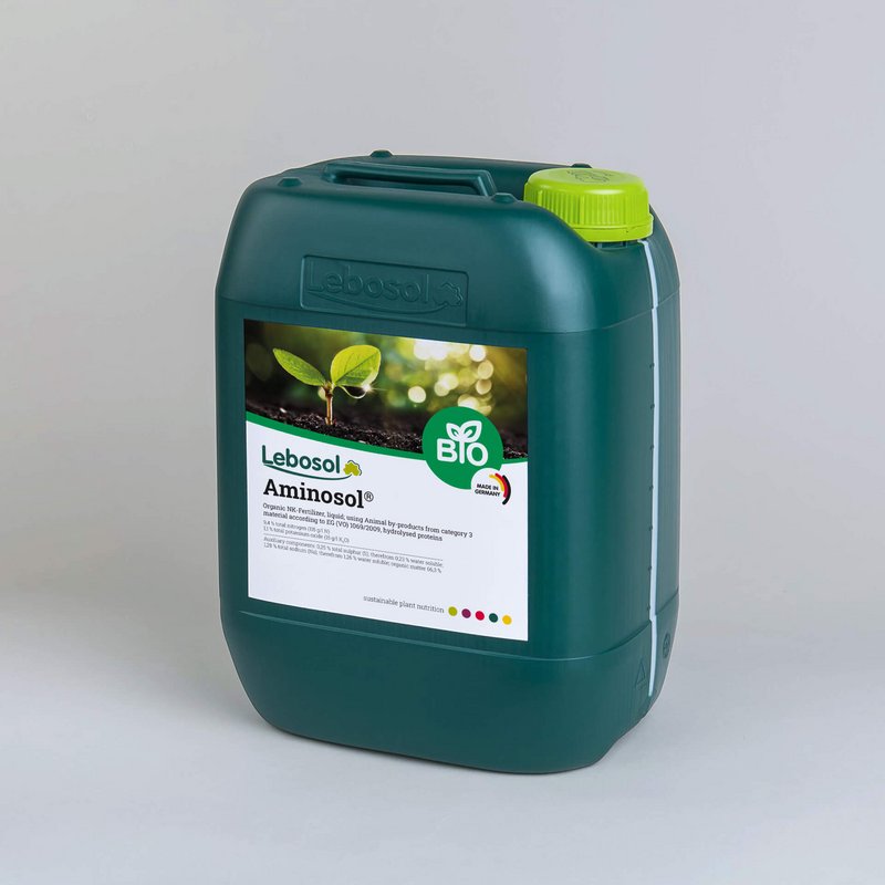 Picture of a darkgreen canister with a lightgreen lid and the label of our product Aminosol®
