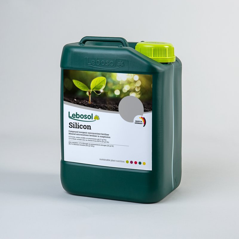 Picture of a darkgreen canister with a lightgreen lid and the label of our product Lebosol®-Silizium