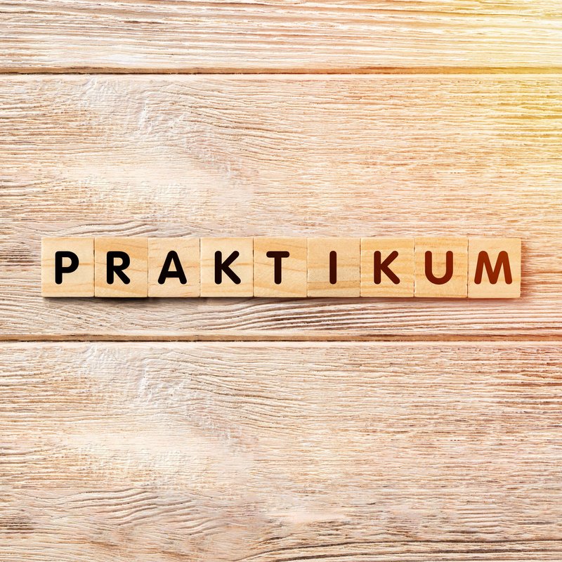 Holzhintergrund mit Würfel auf denen Buchstaben stehen welche das Wort Praktikum ergeben