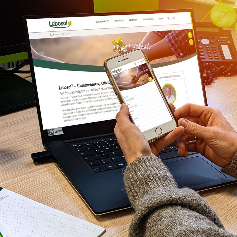 Bild von einer Frau die am Schreibtisch sitzt und auf dem Laptop die Website offen hat. In der Hand hält sie ein Smartphone auf dem ebenfalls die Website zu sehen ist.