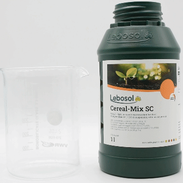 A bottle of Lebosol®-Cereal-Mix SC is poured into a beaker.