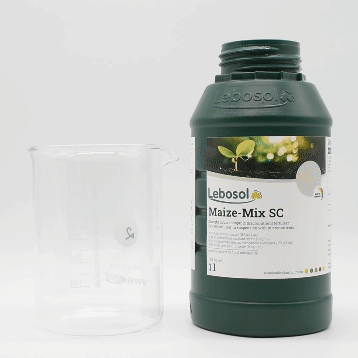 A bottle of Lebosol®-Maize-Mix SC is poured into a beaker.